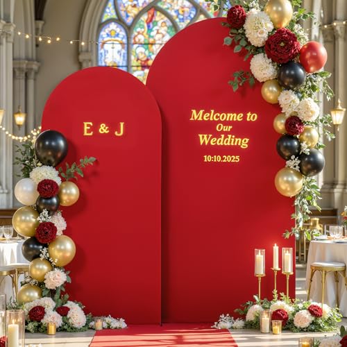 Image of Black Red Arch Cover 2 Set-7.2 and 6ft Arch Backdrop Cover Spandex Wedding Arch Stand Covers for Birthday Party Baby Shower Retirement Graduation Banquet Halloween Photo Background Decorations