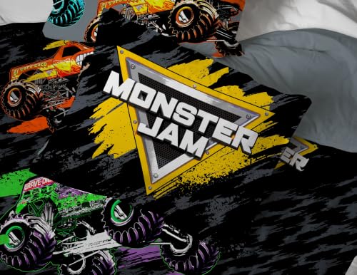 Image of Monster Jam Trucks Queen Comforter Set 7 Piece Kids Bedding for Boys, Black | Grave Digger Megalodon, Comforter Sheets Shams Pillowcases, Official Product, Soft Microfiber, Machine Washable, Boys Gift