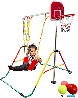 GymPros Gymnastics Bar for Kids 5 in 1 Height Adjustable Playground Set with Swing, 2X Trapeze Rings, Basketball Net + Balls, Horizontal Kip Bar Gymnastic Junior Training Bar + Accessories Included