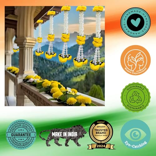 Image of Divyakosh Garlands for Home Decoration, Marigold-Jasmine Hangings (Pack of 10 Pcs, Size 18 Inch Each) | Marigold-Jasmine-Lily-Green Leaves Hangings | Mandir Pooja Room, Wedding Decoration |