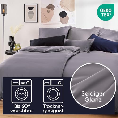Blumtal Mako Satin Bettwäsche 200x220 Set & 2x 80x80 cm Kissenbezug Anthrazit - Oeko Tex Zertifizierte Satin Bettwäsche aus 100% Baumwolle… – Ansicht 3