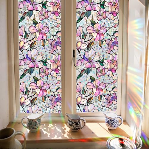 Image of JOONOR Purple Magnolia Flower Sunroof Film Floral Rainbow Effect Static Clings Window Privacy Film Sun Protection Stained Glass Decals for Car Moonroof & Side Windows, 17.72 x 35.43 Inch
