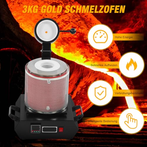 3KG Gold Schmelzofen, Digitaler Elektrischer Schmelzofen Automatischer Schmelzofen mit Graphit Tiegel für Edelmetalle Gold Silber Schmuck 1500-2000W (EU-Stecker 220 V)