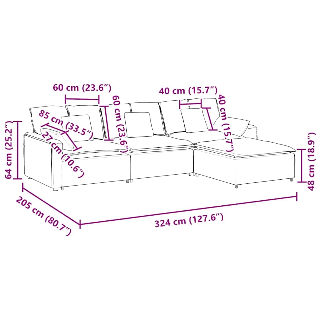 Sofá modular con reposapiés y cojín, tela de pana gris claro, 324 x 205 x 64 cm, elemento de montaje de 4 piezas con marco de metal para salón, salón, confort
