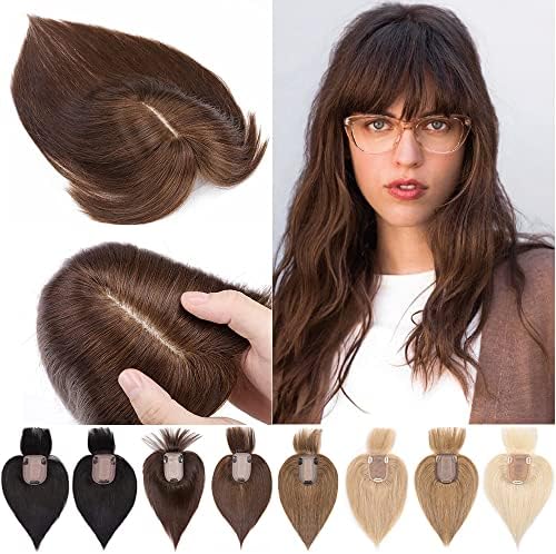 SEGO 6 Inch Hair Toppers Real Human Hair Silk Base Clip in Hair Topper with Bangs 4# Medium Brown Clip in Topper Wiglets Hairpieces for Women with Thinning Hair/Hair Loss 27g