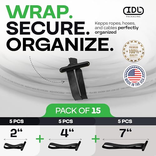 Image of Reusable Cable Ties Set 2 inch, 4 inch, and 7 inch, 5 Pieces Each - USA-Made Heavy-Duty Stretchable Fasteners - All-Weather, UV & Ozone Resistance - Fastener to Store Equipment, Declutter Garage by IDL Packaging