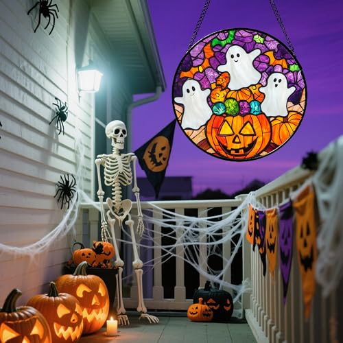 Image of Stained Glass Window Hanging Halloween Horror Pumpkin White Ghost 11.8 inch - Suncatcher Door Garden Sunroom Gothic Style Sun Catcher Birthday for Friend Mom Men Woman Nana