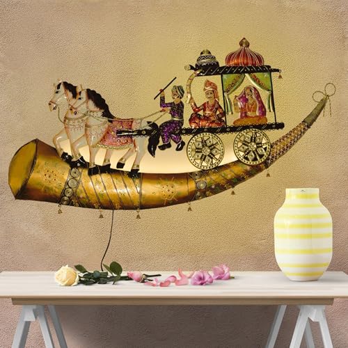 Traditional Indian Wall Decor – Iron Chariot with Horses & Royal Figures – Decorative Wall Hanging with Built-In Warm LEDs, Ethnic Metal Home Decor for Living Room, Diwali, Housewarming