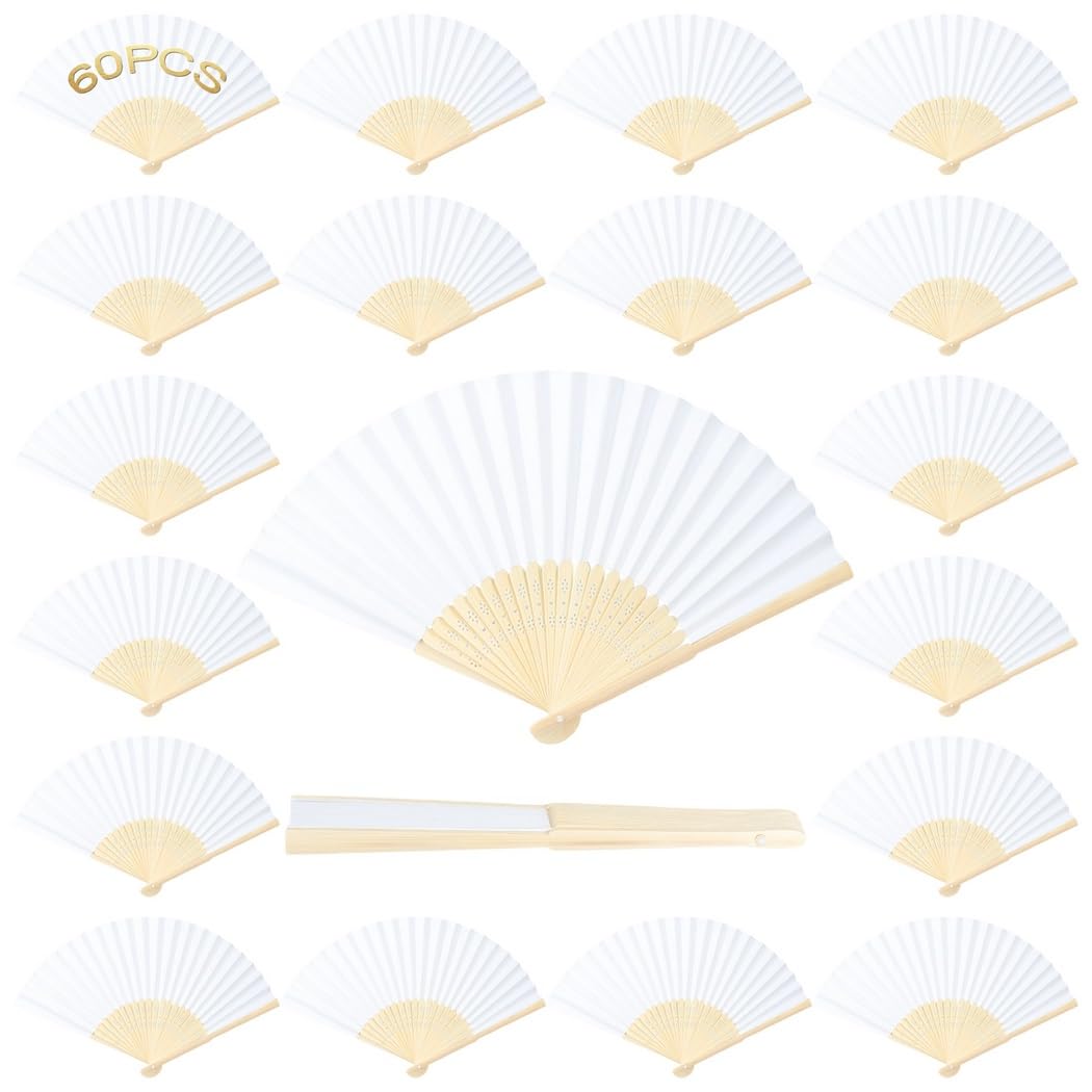 60 STK. weiße Papierfächer, Handfächer für Hochzeiten für Gäste, Leere DIY-Faltfächer, als Gastgeschenk zur Hochzeit, zum Jahrestag, für Party-Mitgebsel, Wanddeko und Bühnenrequisiten