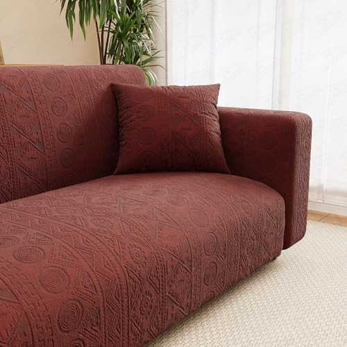 Image of Lukzer 4 Seater Pastel Deep Maroon Tribal Pattern Sofa Cover | 240 GSM Universal Stretch Fit Jacquard Fabric Couch Protector | Fully Covered Anti Slip & Washable Sofa Cover (230-300cm /SC-135-04)