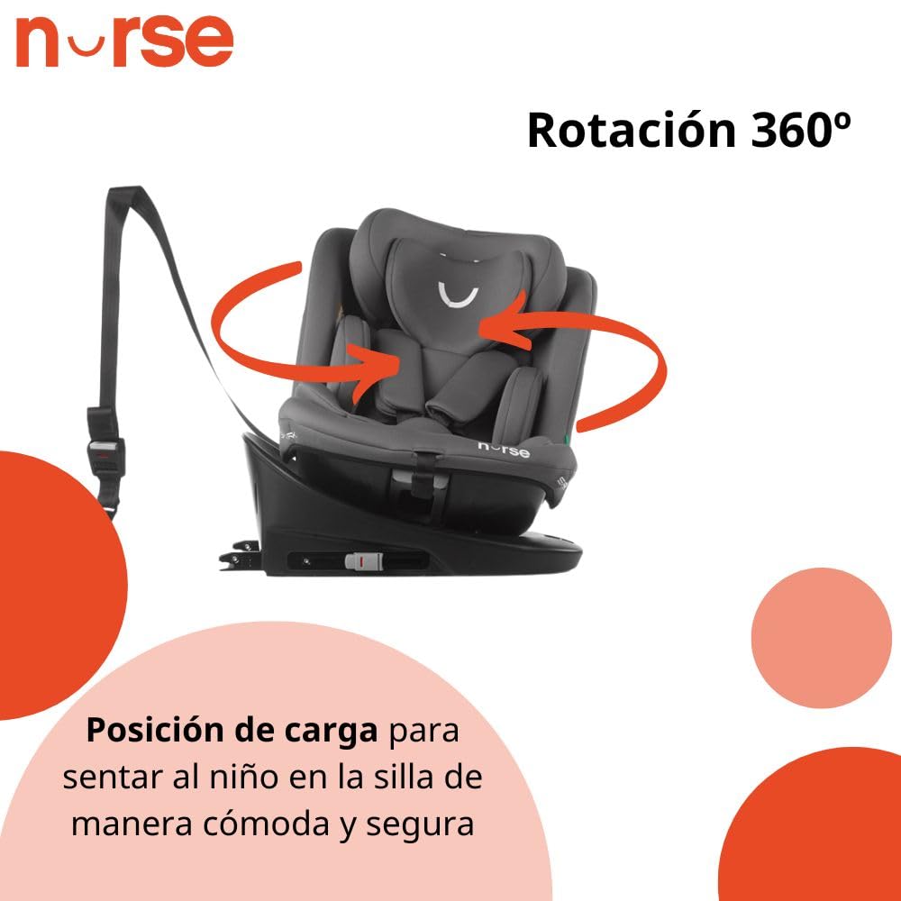 Nurse Spark, Silla Coche Bebé iSize, 40 a 150 cm, de 0 a 12 Años, Isofix, Top Tether, Giratoria 360, Posición de Carga, 13 Posiciones, Color Gris Storm, Spark i-Size