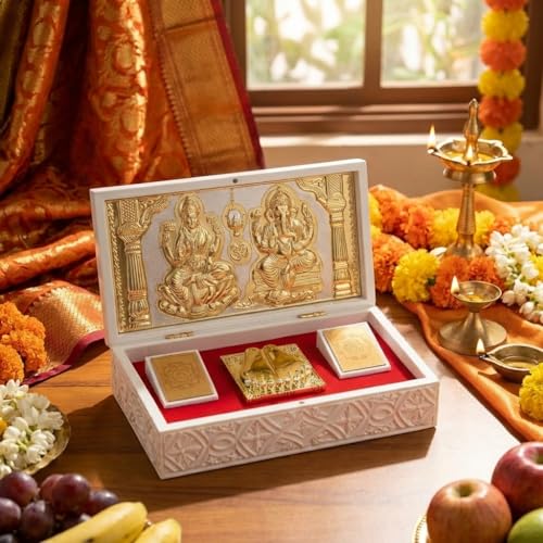 Image of Pocket Temple for Wedding Gift, Housewarming Gift & Pooja Room Decor | Gold Plated Photo Frame with Charan Paduka - 8 Inches (Laxmi Ganesh - Double Decker - White)