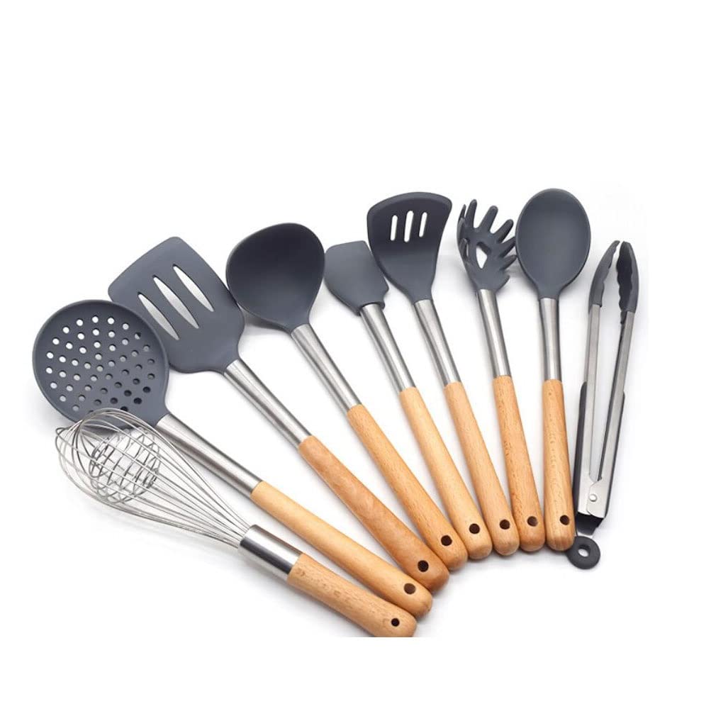 HTTGDGDH Kitchen Utensil Set Silicone Cooking Utensils 9 Piece - Cooking Utensils Set With Wood Handles For Nonstick Cookware,