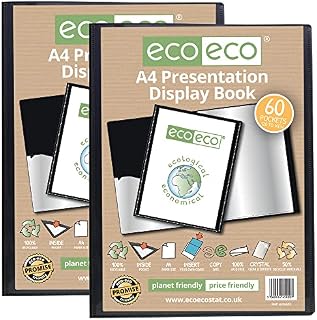 eco-eco A4 Size 50% Recycled 60 Pocket Black Presentation Display Book, Storage Case Portfolio Art Folder with Plastic Sleeves, (Pack of 2 ), eco020x2