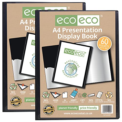 eco-eco eco020 x 2 Präsentationsmappe, A4-Format, 50% recycelt, 60 Hüllen, Schwarz, Präsentationsmappe mit Kunststoffhüllen, 2 Stück
