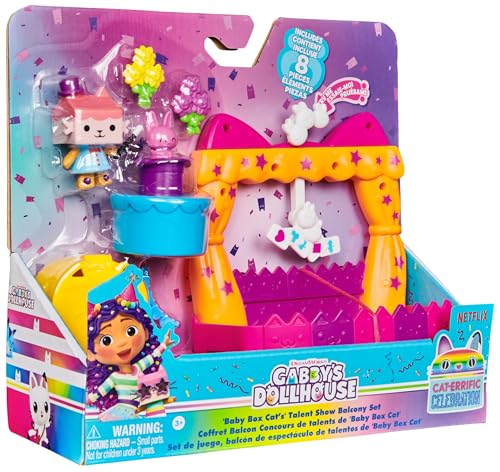 Gabby’s Dollhouse, Balkon-Spielset Baby Box Talentwettbewerb, 8-teiliges Set mit Katzenfigur und Zubehörteilen, ab 3 Jahren
