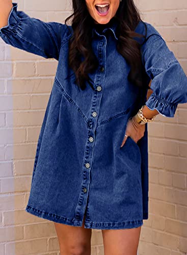 Image of Sidefeel Womens Smocked 3 4 Sleeve Button Down Denim Jeans Dresses
