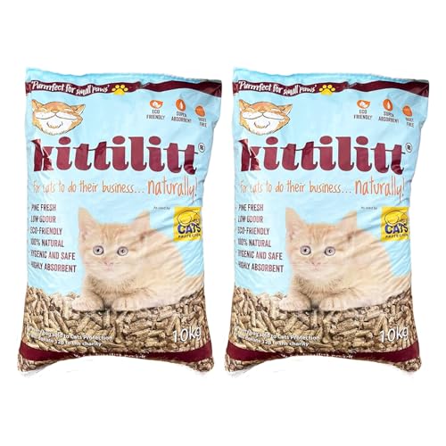 KittiLitt Premium 100% Natural Wood Pellet Cat Kitten Litter - Highly Absorbent Eco Friendly Pine Fresh Scented Low Odour Sustainable Softwood Woodbase Home Kitty Litter Tray Wooden Pellets - 2 x 10kg