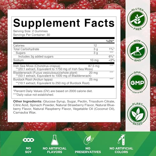 vitamatic irish sea moss gummies  3000mg equivalent per serving from extract 1325mg  60 ct made with bladderwrack amp burdock root  seamoss supplement for thyroid energy amp immune support