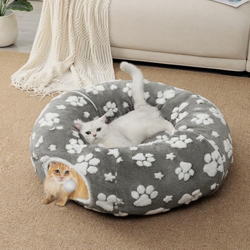 Image of Cat Tunnel for Indoor Cats, Cute Peekaboo Cave with Dangling Balls, Pet Donut Tunnel Bed with Circle Mat for Puppy Kitten Rabbit, Grey