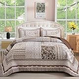WONGS Bedding Braunes Steppdecken-Set für Queen-Size-Betten, Bohemian-Patchwork-Tagesdecke, Tagesdecke, Wende-Bettwäsche-Set mit Bauernhaus-Blumenmuster für alle Jahreszeiten (243,8 x 228,6 cm)