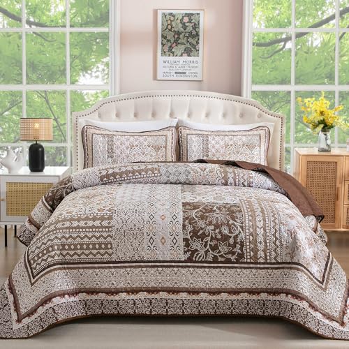 WONGS Bedding Braunes Steppdecken-Set für Queen-Size-Betten, Bohemian-Patchwork-Tagesdecke, Tagesdecke, Wende-Bettwäsche-Set mit Bauernhaus-Blumenmuster für alle Jahreszeiten (243,8 x 228,6 cm)