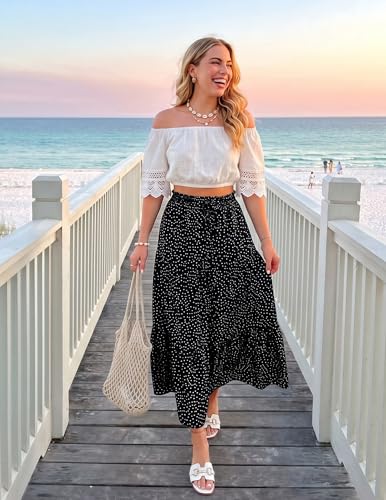 Image of ZESICA Women's 2026 Summer Bohemian Floral Printed Elastic Waist A Line Maxi Skirt with Pockets