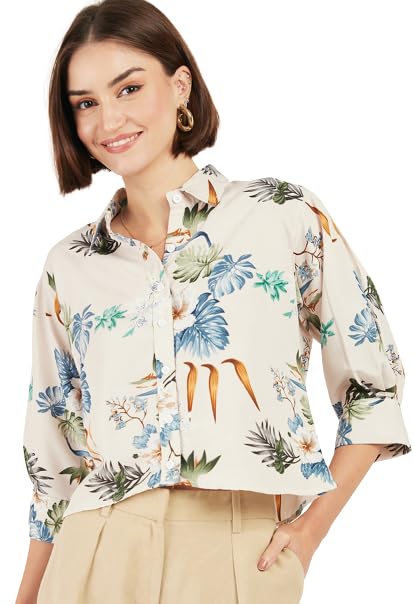 Image of ALL YOURS Women Women's Blue Boxy Floral Printed Casual Shirt (ALLSH5001 TUR XS)