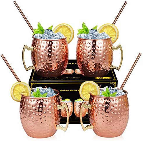 Moscow Mule Copper Mugs Set of 4, Includes 4 Straws, Moscow Mule Mugs Copper Cups 530ml for Cocktail, Gin, Beer, Drinking, Gift Set for Bartender, Bartending, Barware