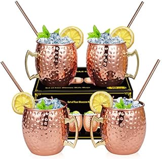 Moscow Mule Copper Mugs Set of 4, Includes 4 Straws, Moscow Mule Mugs Copper Cups 530ml for Cocktail, Gin, Beer, Drinking, Gift Set for Bartender, Bartending, Barware
