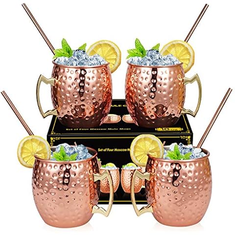 Hossejoy Moscow Mule Copper Mugs - Set of 4-100% Handcrafted Solid Copper Mugs, 16 oz Copper Cups with 4 Cocktail Copper Straws Cover