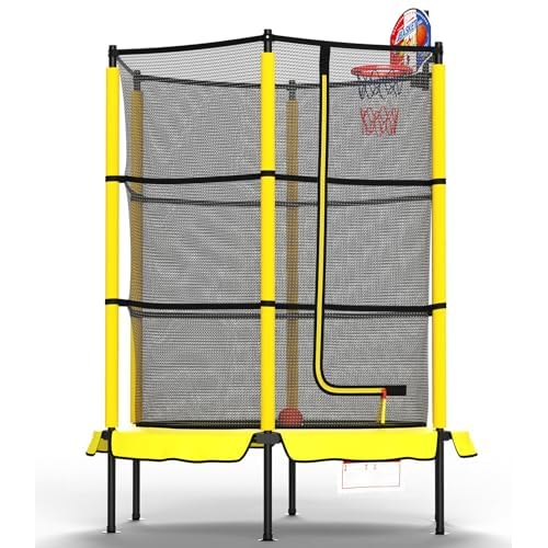 60" Trampoline for Kids with Basketball Hoop, 5ft Indoor Outdoor Toddler Mini Trampoline with Raised Safety Net - Birthday Gifts for Boys and Girls, C