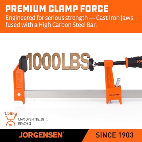 Image of Jorgensen 18 inch Heavy-Duty Steel Bar Clamp Set, 1000 lbs Load Limit, 2-Pack | F Clamps for Woodworking, Metalworking and DIY Projects