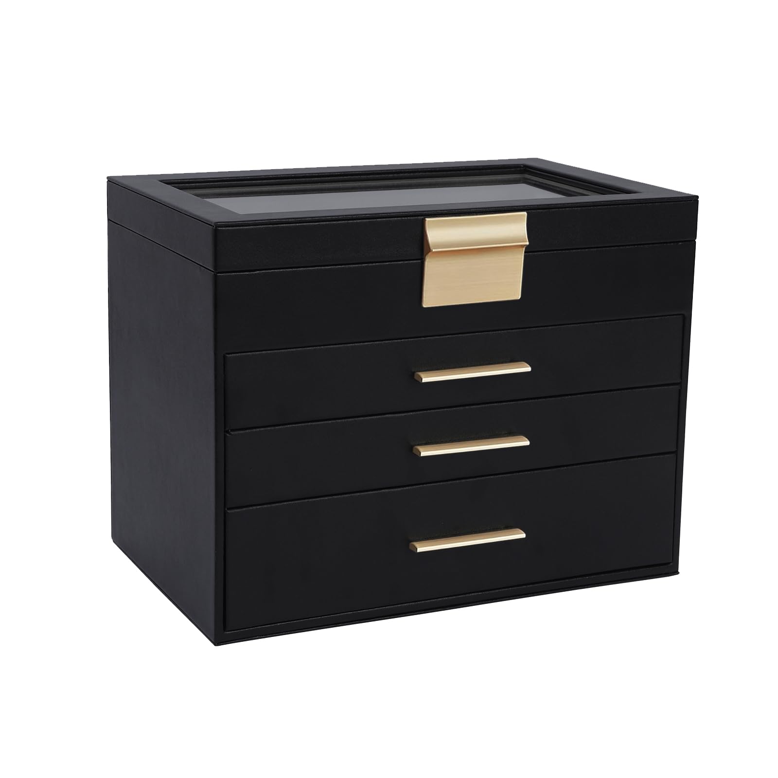 Jewelry Box with Glass Lids, 4 Layer Large Jewelry Holder Organizer with Mirror, White Jewelry Box with 3 Drawers for Sunglasses, Necklace and Bracelet Storage Gifts for Her (Black, 4 Layer)