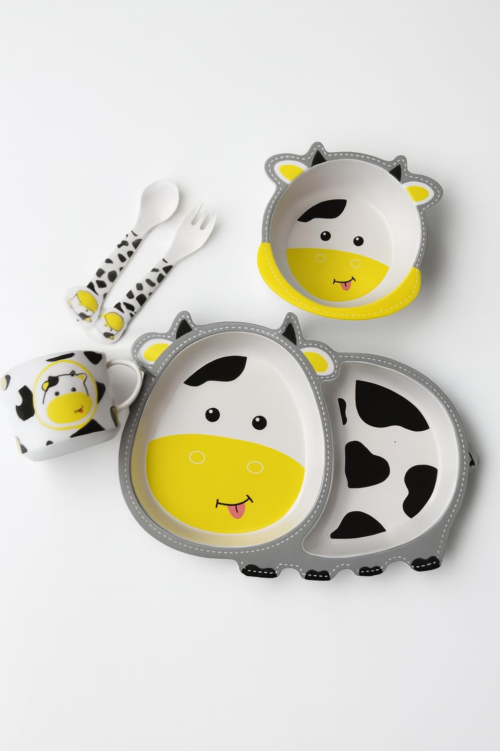 Bamboo Street 5 Piece Plastic Free Baby Feeding Set | Plate - Bowl - Cup - Fork - Spoon | Kids/Baby Crockery Tableware | Made of Bamboo| | Eco-Friendly |Organic & Natural (Chubby Cow)-image-17