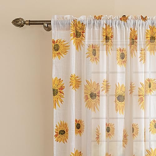 Image of HOMEMONDE 5 Feet Window Sheer Curtain - Sun Flower Printed Transparent Panel for Living Room, Bedroom Decoration, Single Piece - (Top Style - Rod Pocket)