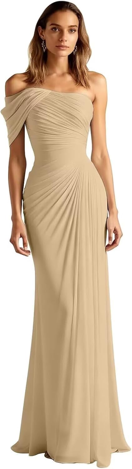 One Shoulder Long Bridesmaid Dresses for Women Chiffon Prom Dress Pleated Mermaid Bodycon Formal Evening Gowns