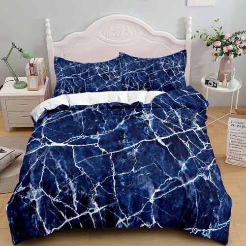 Housse de Couette 240 x 260 Marbre Bleu Marine Sans Repassage : Fini les Draps Rêches et Froissés