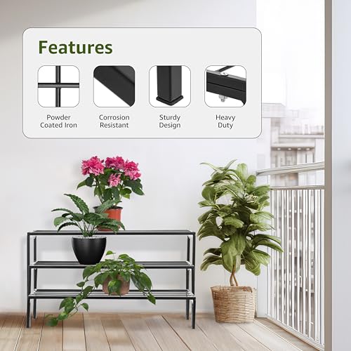 Image of Amazon Brand - Solimo Metal Plant Stand (Set of 3, Black) - Heavy-Duty, Rust-Resistant Iron Rack, Indoor & Outdoor Use, 25.5 x 70 x 38cm, Supports 60 kg per Shelf