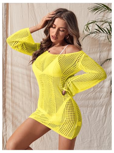 Image of Floerns Women's Crochet Cover Up Long Sleeve Hollow Out Bikini Swimsuit Beach Cover Up Swimwear