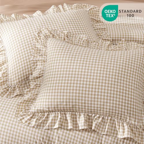 Image of AMBERSPACE Queen Comforter Set Gingham Ruffle Tan 7 Pieces Bed in a Bag