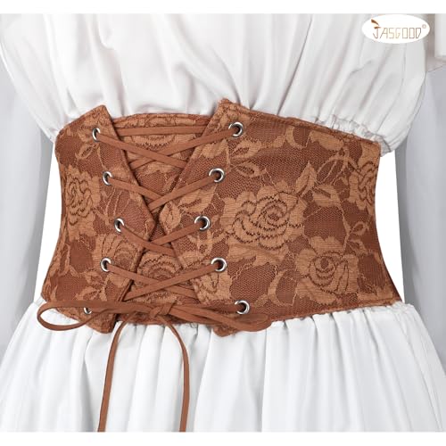 JASGOOD 2 Pack Women Wide Corset Waist Belt Lace-up Tied Waspie Elastic Belt for Dress Halloween Costume2