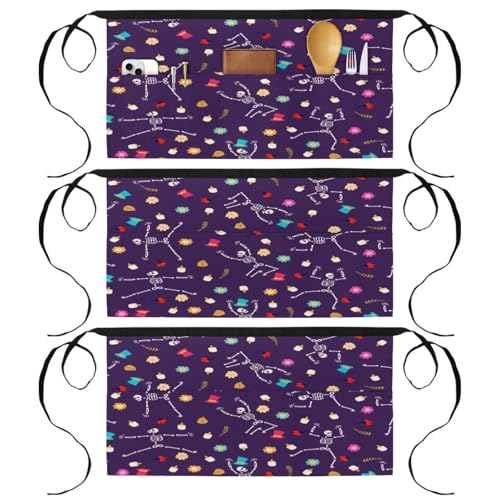 Demi-tablier pour cuisine au motif squelette dansant multicolore doté de trois poches de chef
