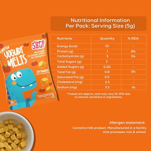 Image of Rorosaur Baby Snacks - Melts with Yogurt and Fruit & Veggie for 7+ Months | 4 Packs of Pumpkin Melts | Finger Food for Toddlers | No Sugars, No Preservatives, No Binders | 4 Variants 5g each