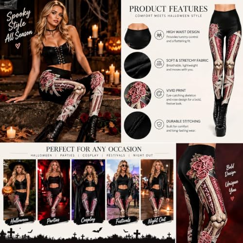 Women Halloween Leggings Skeleton Print High Waisted Soft Stretch Tights - image 3