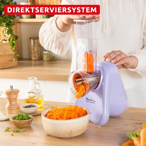 Moulinex Fresh Express Elektrische Gemüsereibe, Direktserviersystem, 4-in-1, zerkleinern-schneiden-reiben, Kabel-Verstausystem, Zubehör spülmaschinenfest, Lila, DK8546E0