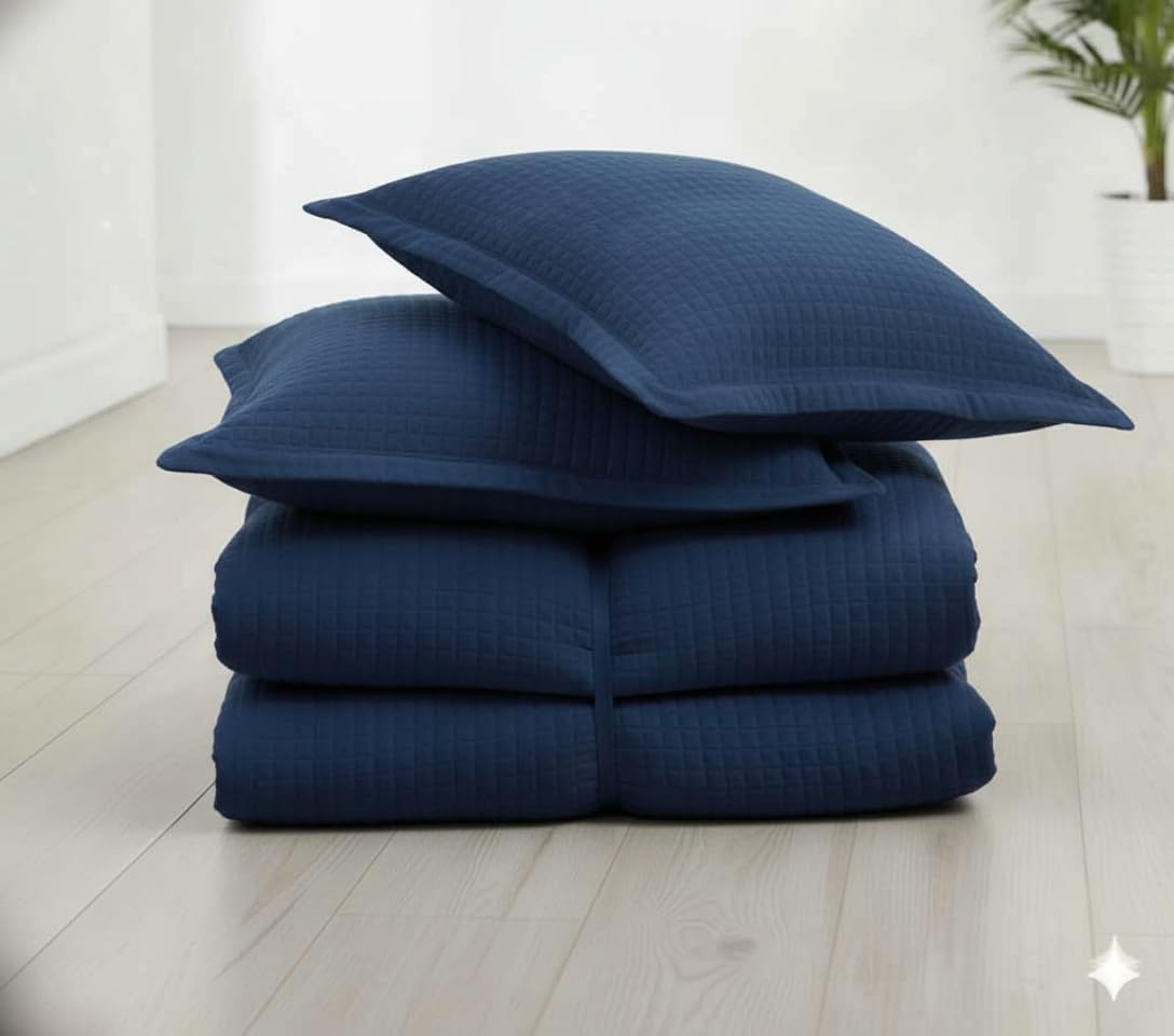 sheetsnthings Luxury Checkered Quilted Wrinkle Free Microfiber 3 Piece Coverlets Set (Navy, California King)