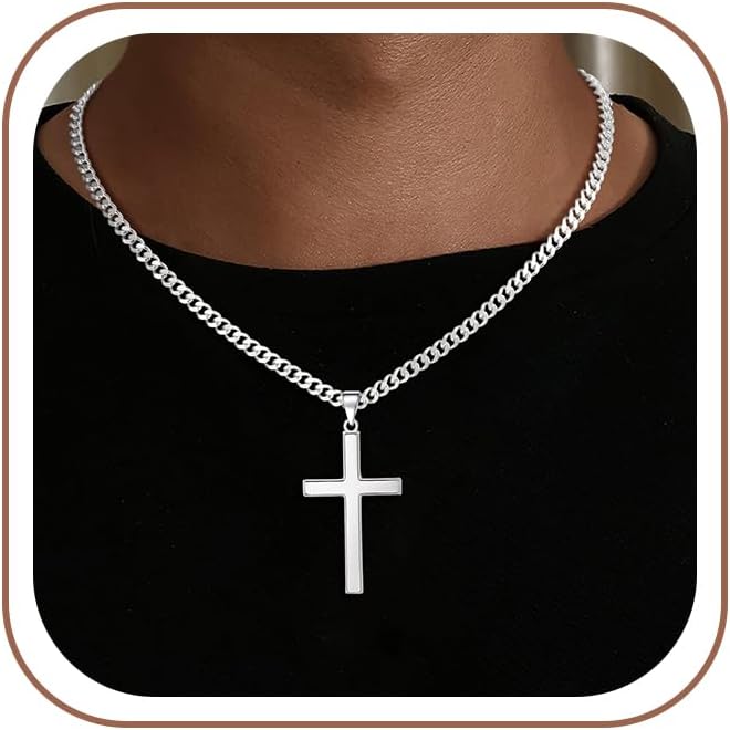 HIMSTORY 925 Sterling Silver Cross Necklace for Men, 5MM Diamond Cut Cuban Link Chain Silver Cross Pendant Necklace Christian Gifts for Boyfriend Father Husband