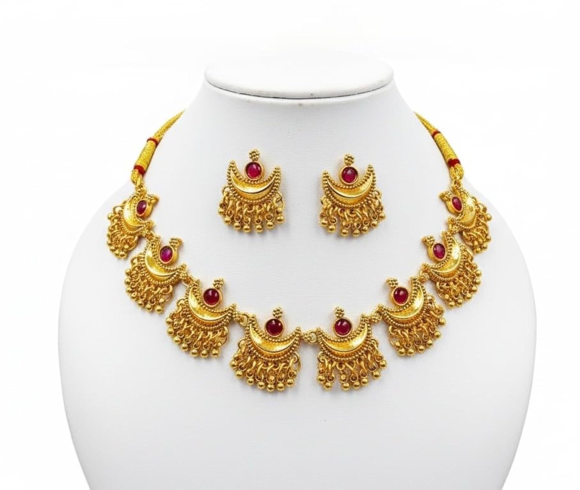 Traditional Chandrakor Necklace Set with Ruby-Toned Stones & Pearl Drops