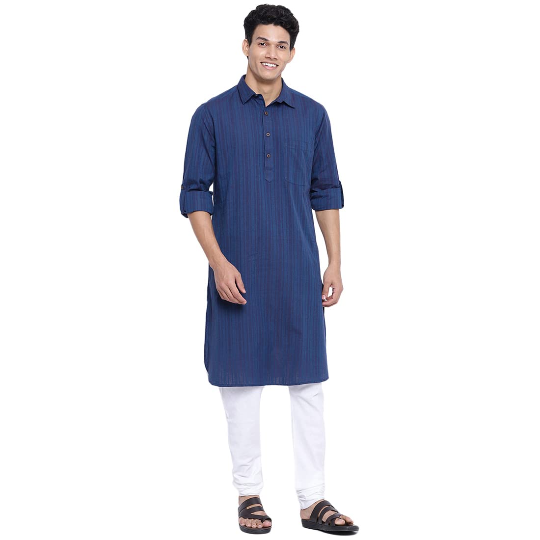 Fabindia Men Cotton Striped Pathani Kurta Navy_Xs